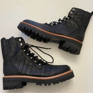Marc Fisher Black Croc-Embossed Lace-Up Boots